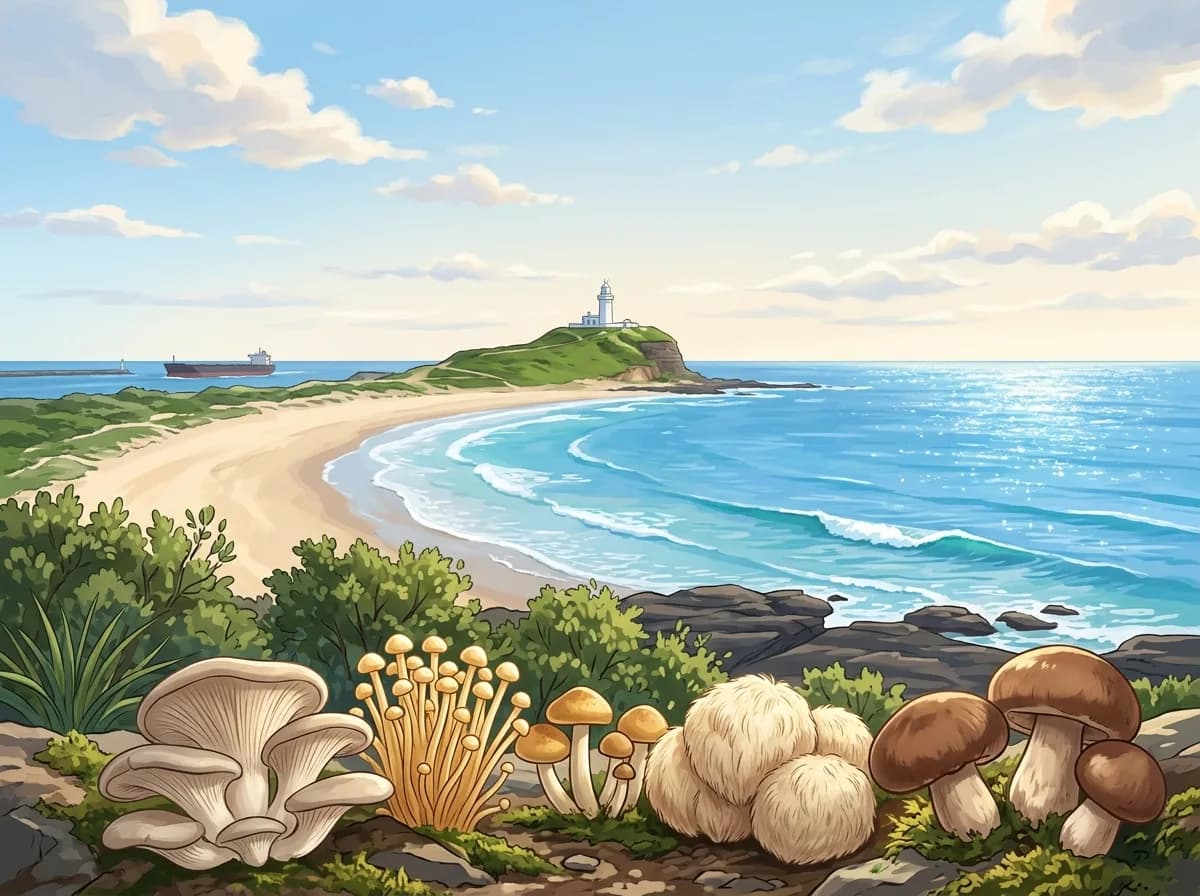 Illustrated coastal scene with a lighthouse and mushrooms in the foreground