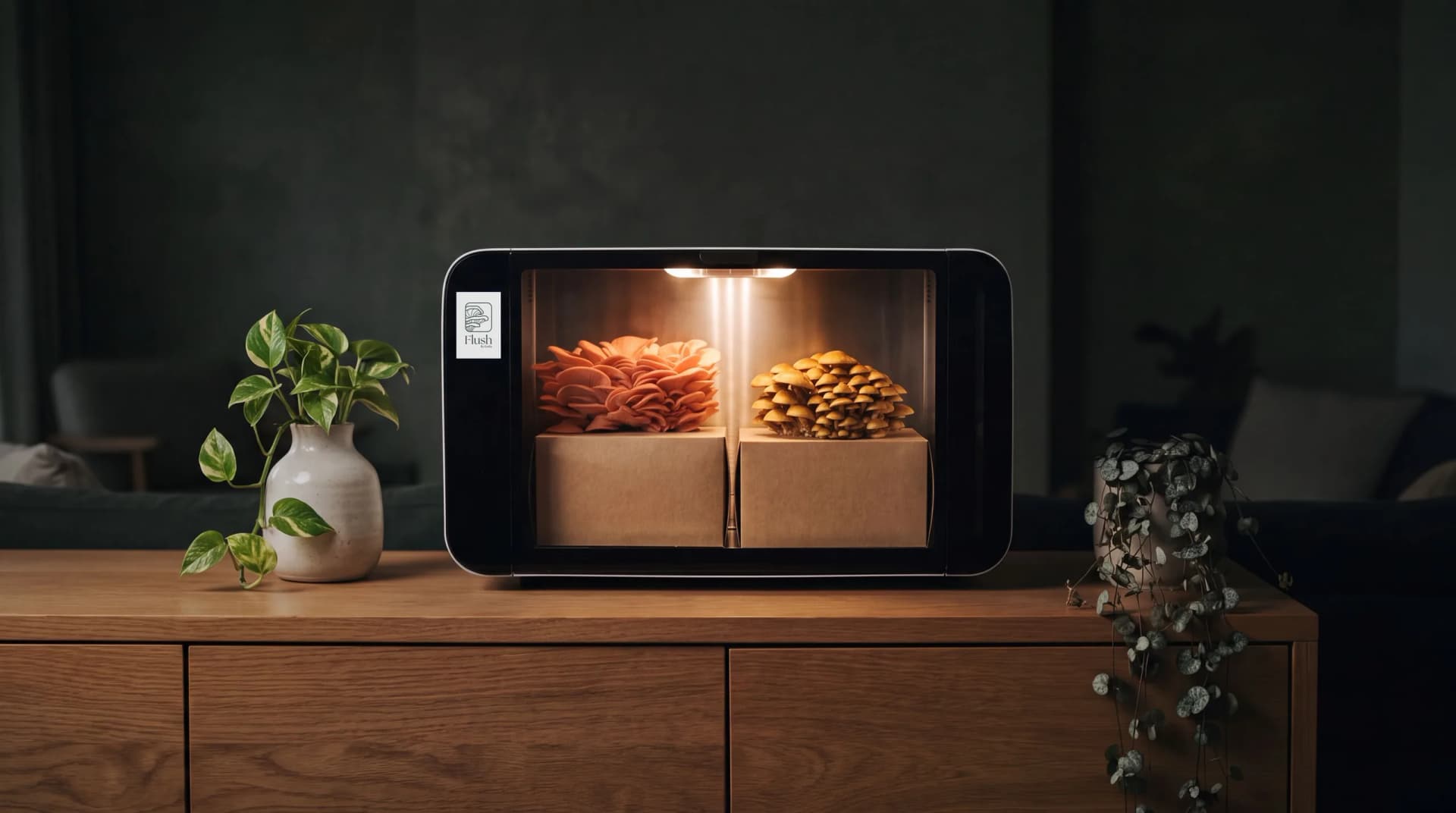 The Flush growing cabinet glowing softly on an oak sideboard at dusk, golden oyster mushrooms fruiting inside