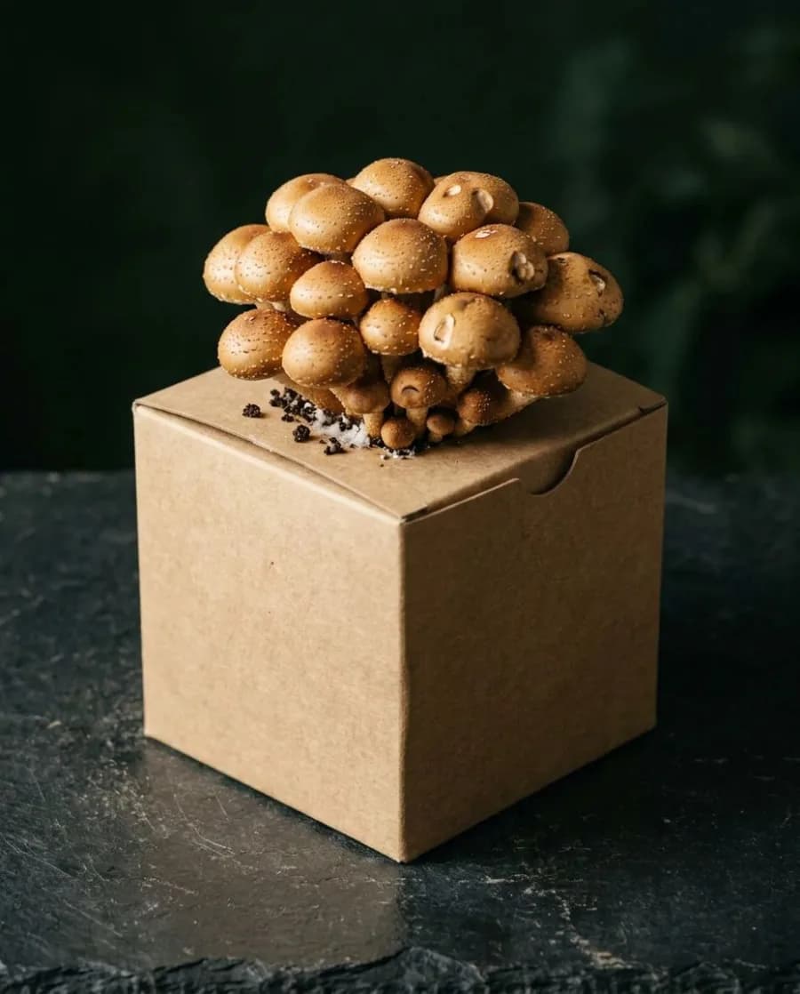 Chestnut mushrooms growing from a fruiting block