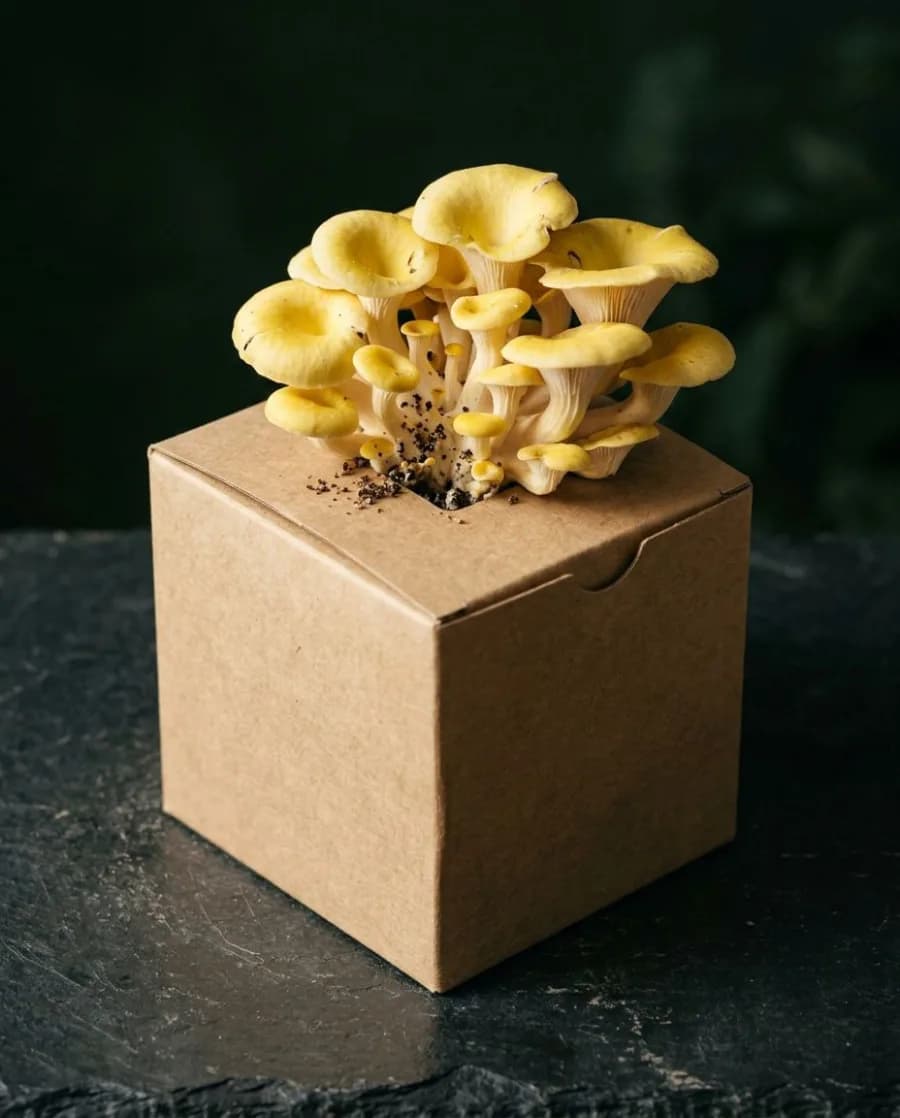 Gold Oyster mushrooms growing from a fruiting block