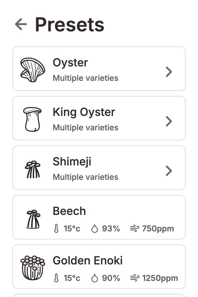 Flush unit display showing the Basic mode presets screen with a list of mushroom species presets to choose from