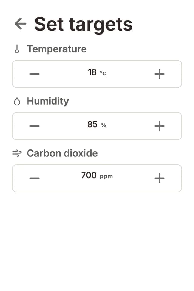 Set targets screen on a Flush unit showing temperature, humidity and CO2 targets for growing mushrooms