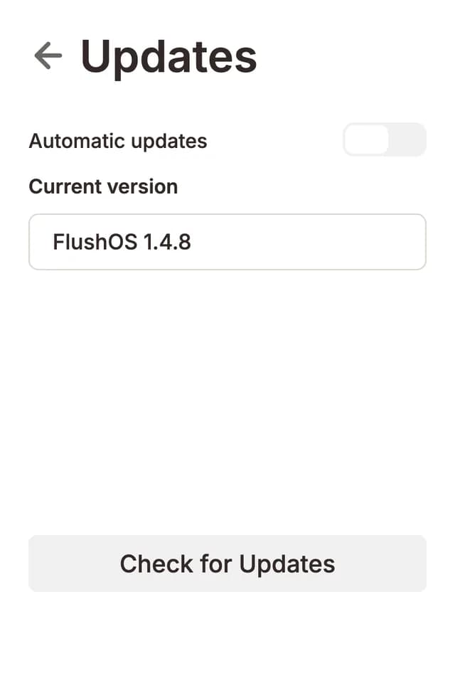 The Updates screen on a Flush unit, showing the current software version with an Install button for the available software update