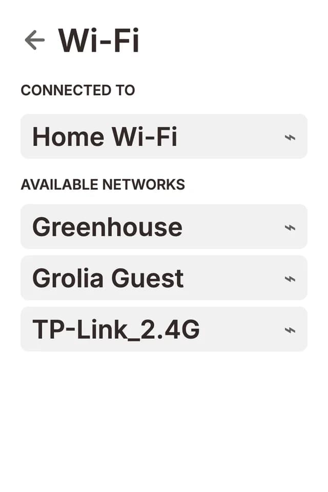 Wi-Fi settings screen on a Grolia Flush showing the list of available networks